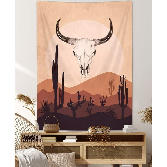 Western Cow Skull Tapestry, Boho Bull Longhorn Skull Head Mid Century Modern Vertical Tapestry, Minimalist Mountain Cactus moon Bohemian Aesthetic Tapestry Wall Hanging for Bedroom Living Room 40X60IN