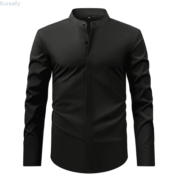 Kureaily Men's Retro Stand Collar Long Sleeve Stretch Shirt Business Casual Formal Wear Stylish Top Short Shi