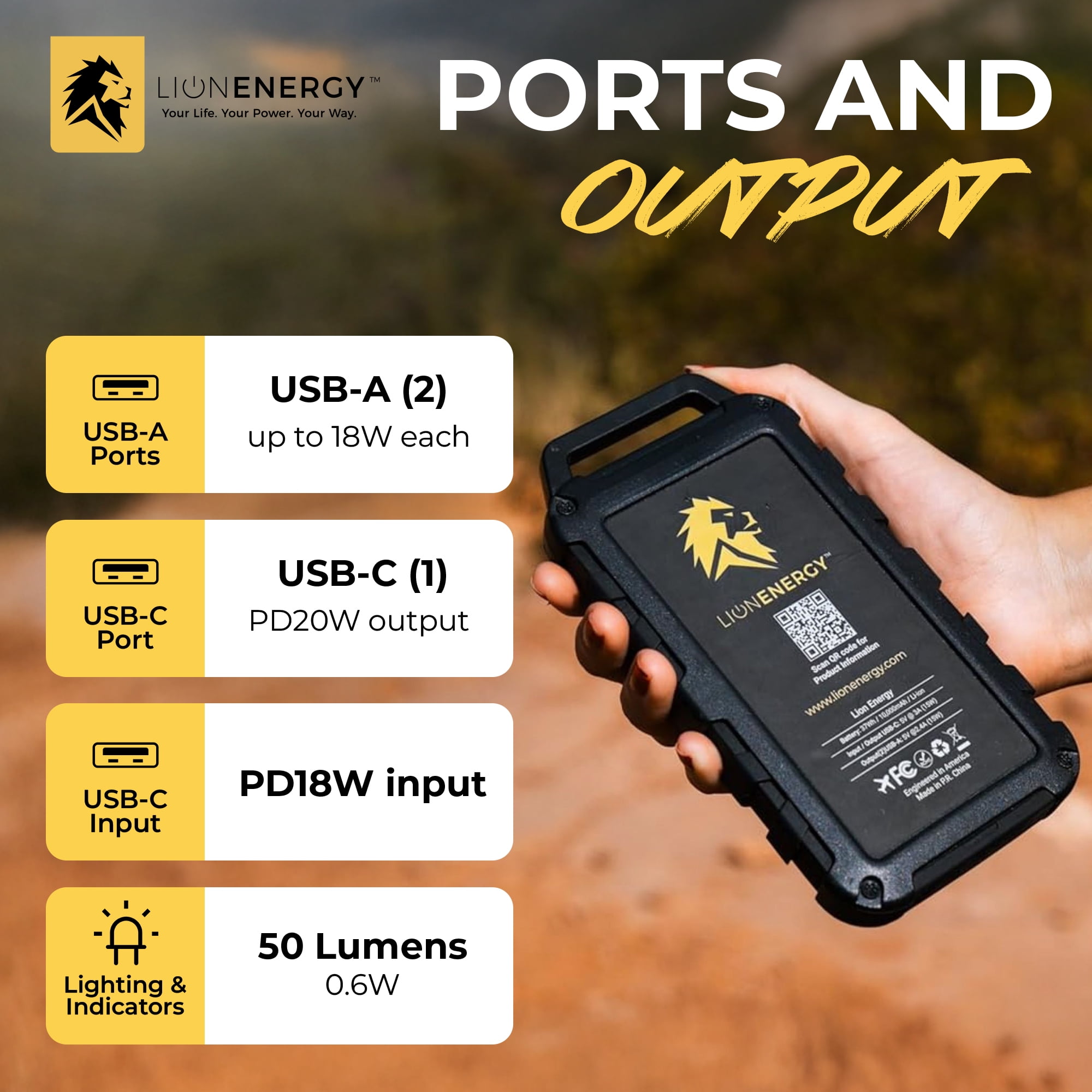 Lion Energy Lion Cub Portable Power Bank with Built-In 50 Lumens Floodlight