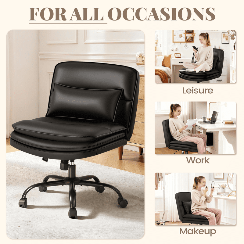 Homall Cross Legged Wide Seat Office Chair with Wheels, Office Armless Desk Chair, Modern Swivel Computer Task Chair Height Adjustable Vanity Chair,PU Leather,Black