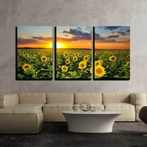 wall26 - 3 Piece Canvas Wall Art - Field of Blooming Sunflowers on a Background Sunset - Modern Home Art Stretched and Framed Ready to Hang - 24"x36"x3 Panels