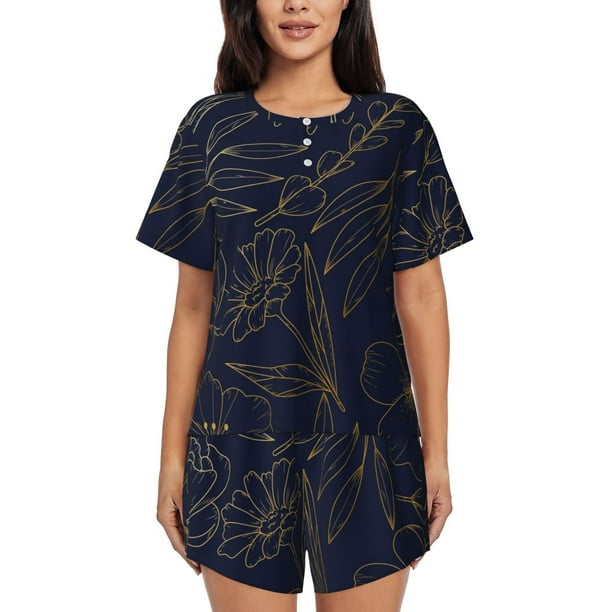 Balery Copper-Gold Gloss Outline Flower Conjunto de Pijama para Mujer con Estampado, Dos Piezas de Manga Corta y Shorts, Ropa de Dormir Suave con Cuello Redondo y Bolsillos-3X-Large