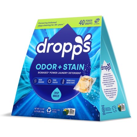Dropps Laundry Odor   Stain Detergent Pods, Biobased, HE Compatible, Crisp Breeze Scent, 40 Count