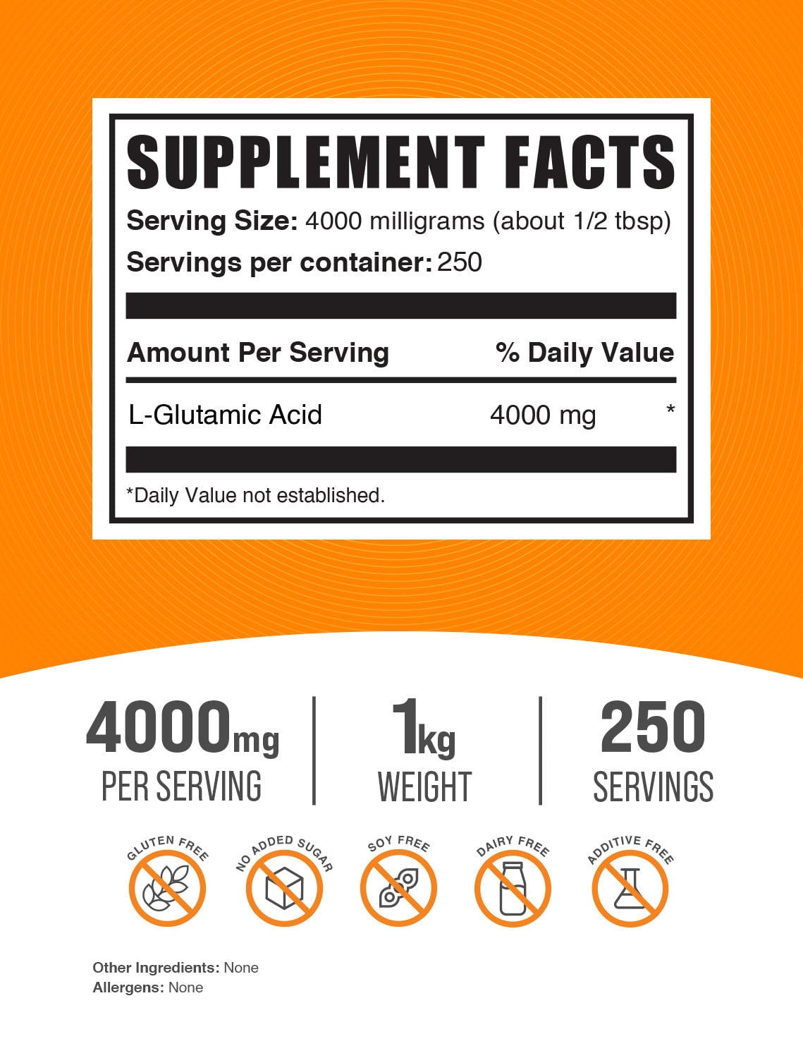 BulkSupplements L-Glutamic Acid Powder - 4g per Serving - 1 Kilogram (2.2 lbs) - 250 Servings