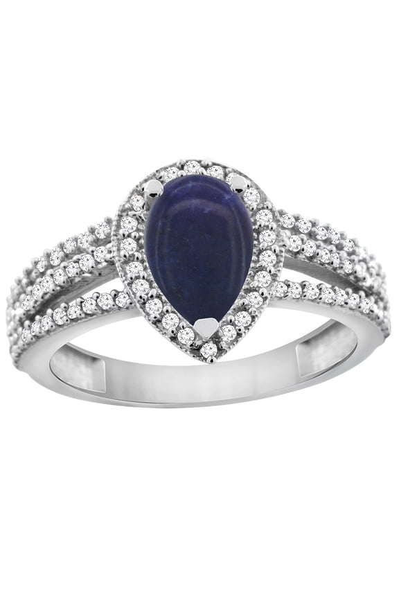 14K White Gold Natural Lapis Ring 9x7 Pear Halo Diamond, size 10