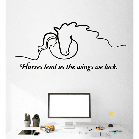 Horses Lend Us The Wings We Lack - Quote Horse Cowgirl Horse Stallion Mare Silhouette Vinyl Wall Art Wall Sticker Wall Decal Farm House Home Boys Room Décoration Design Décor Decal Size (22x30 inch)