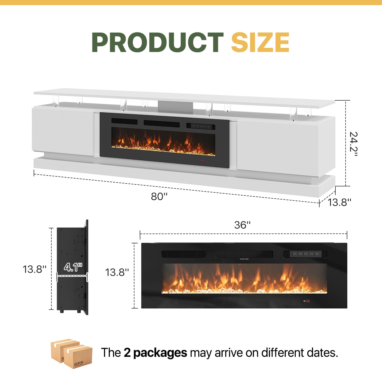 BaPiPro 80" Fireplace TV Stand for TVs up to 90", Large Modern Entertainment Center, White TV Console with 36" Electric Fireplace & LED Lights, Black Fireplace