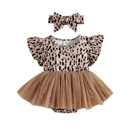 

Grianlook Baby Cute Crew Neck Bodysuit One Piece Buttons 2 Pieces Outfit Party Leopard Print Dress