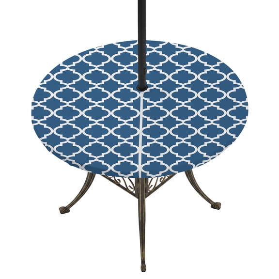 Round Outdoor Tablecloth with Umbrella Hole and Zipper, Blue Moroccon Tablecloth with Elastic Waterproof, Middle Century Minimalist Rustic Geometric Patio Table Covers for 55" - 60" Pool Tables