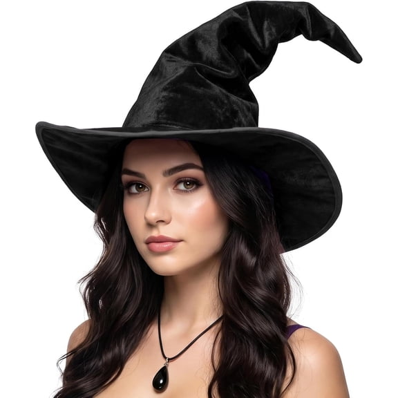 Black Witch Hat for Women Adult, Ruched Velvet Wizard Hat, Witches Hat for Halloween Costumes and Cosplay Accessory