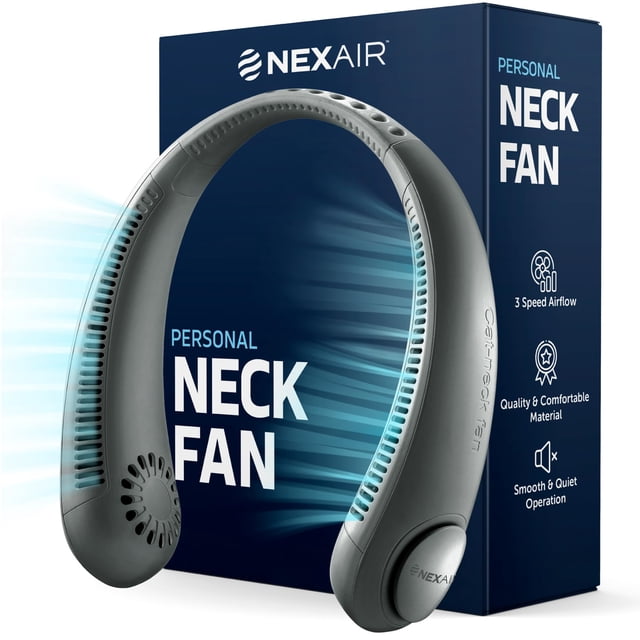 NEXAIR Ventilador de cuello portátil - Ventilador de cuello sin aspas recargable de 3 velocidades Ventilador de cuello negro personal ajustable para mujeres y hombres Diseño moderno Gran ventilador de