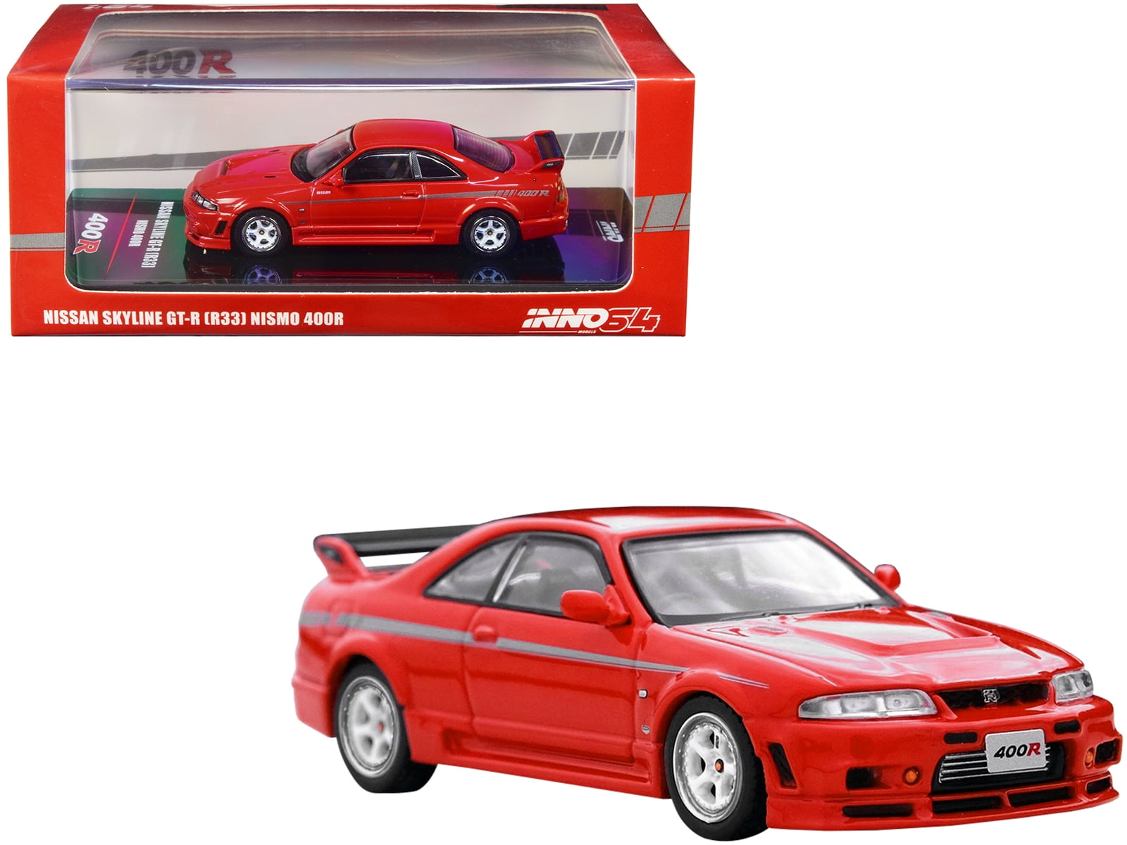 Nissan Skyline GT-R (R33) Nismo 400R RHD Super Clear Red II with Silver Stripes 1/64 Diecast Model Car Inno Models - Walmart.com