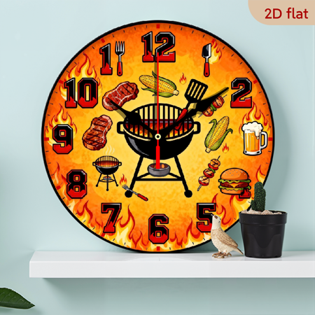 A 10-inch 2D flat Outdoor Barbecue theme wooden circular wall clock, suitable for decoration in bedrooms, living rooms and offices. It is an ideal gift for Christmas and New Year.