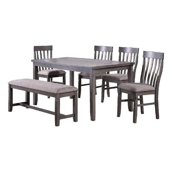 Benjara 6 Piece Dining Set with Table- 4 Chairs & Bench- Wood Frame- Gray Fabric