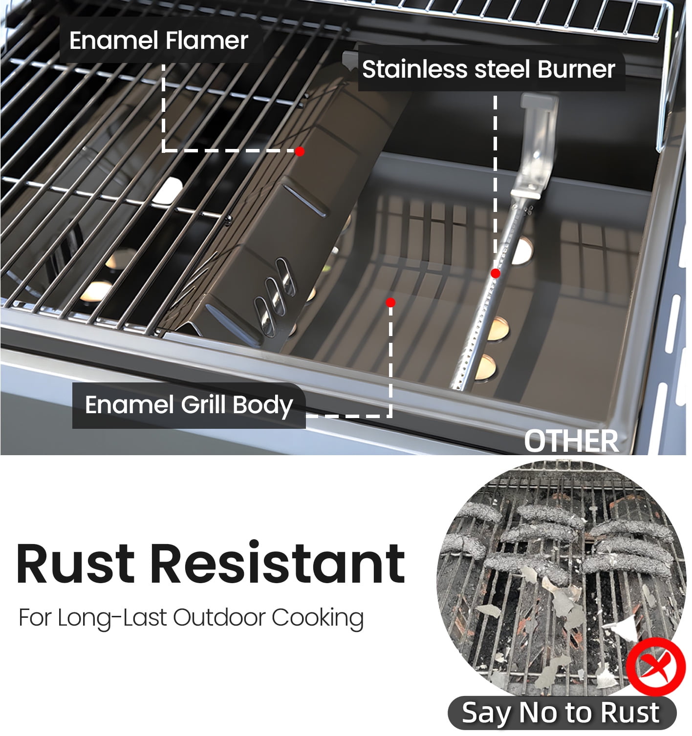 Brand-Man Grills Propane Gas 3 Burner Grill with Side Table for BBQ, Outdoor Cooking Grill with Wheel