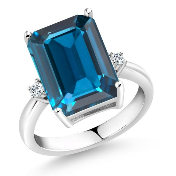 Gem Stone King 9.58 Cttw London Blue Topaz and White Topaz Ring for Women | 925 Sterling Silver | Emerald Cut 14x10MM | Gemstone Birthstone | Wedding Engagement Anniversary Promise Ring | Size 7