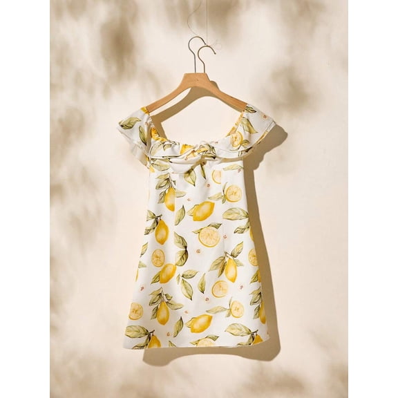 White Off Shoulder Lemon Print Mini Dress Vintage Boho Summer Vacation Woven Sundress