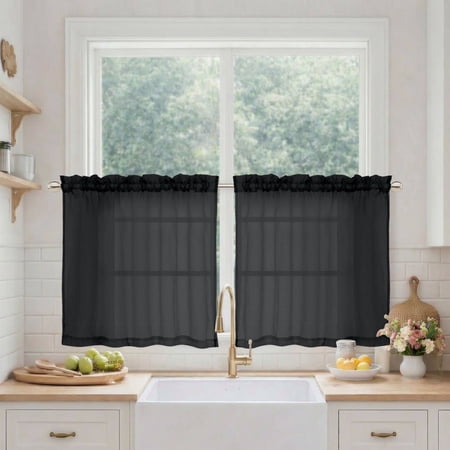 MKHILL 24 Inch Short Crushed Sheer Curtains 2 Panels, Light Filtering Voile Drapes for RV Camper Laundry Over Sink, Rod Pocket Small Window Panels, Each 42" W x 24" L, Black