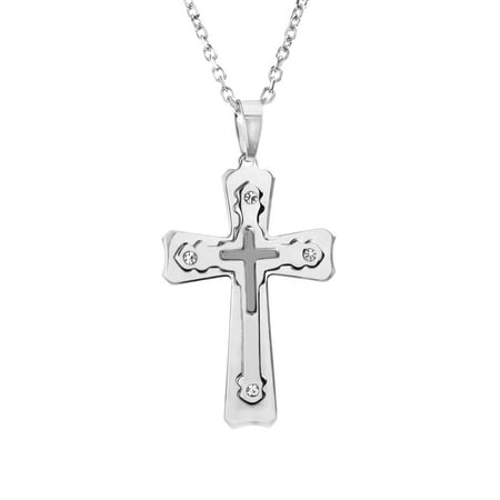 - Mens White Jeweled Triple Layered Cross Rolo Chain Necklace in Stainless Steel