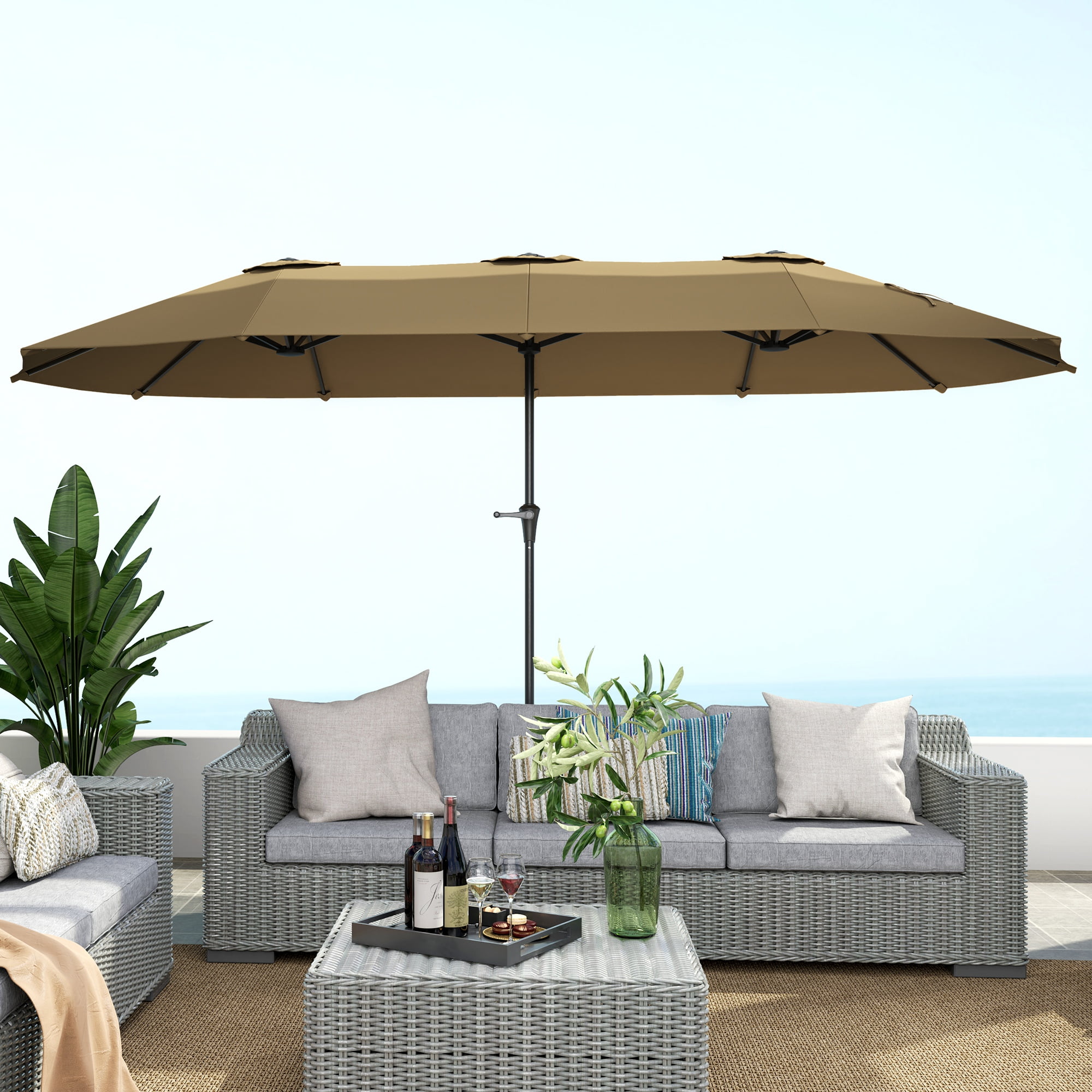 Outsunny 13 ft. Extra Large Patio Umbrella, UPF30+ Double Umbrella Outdoor Patio with Easy Crank Handle, Vents, Coffee