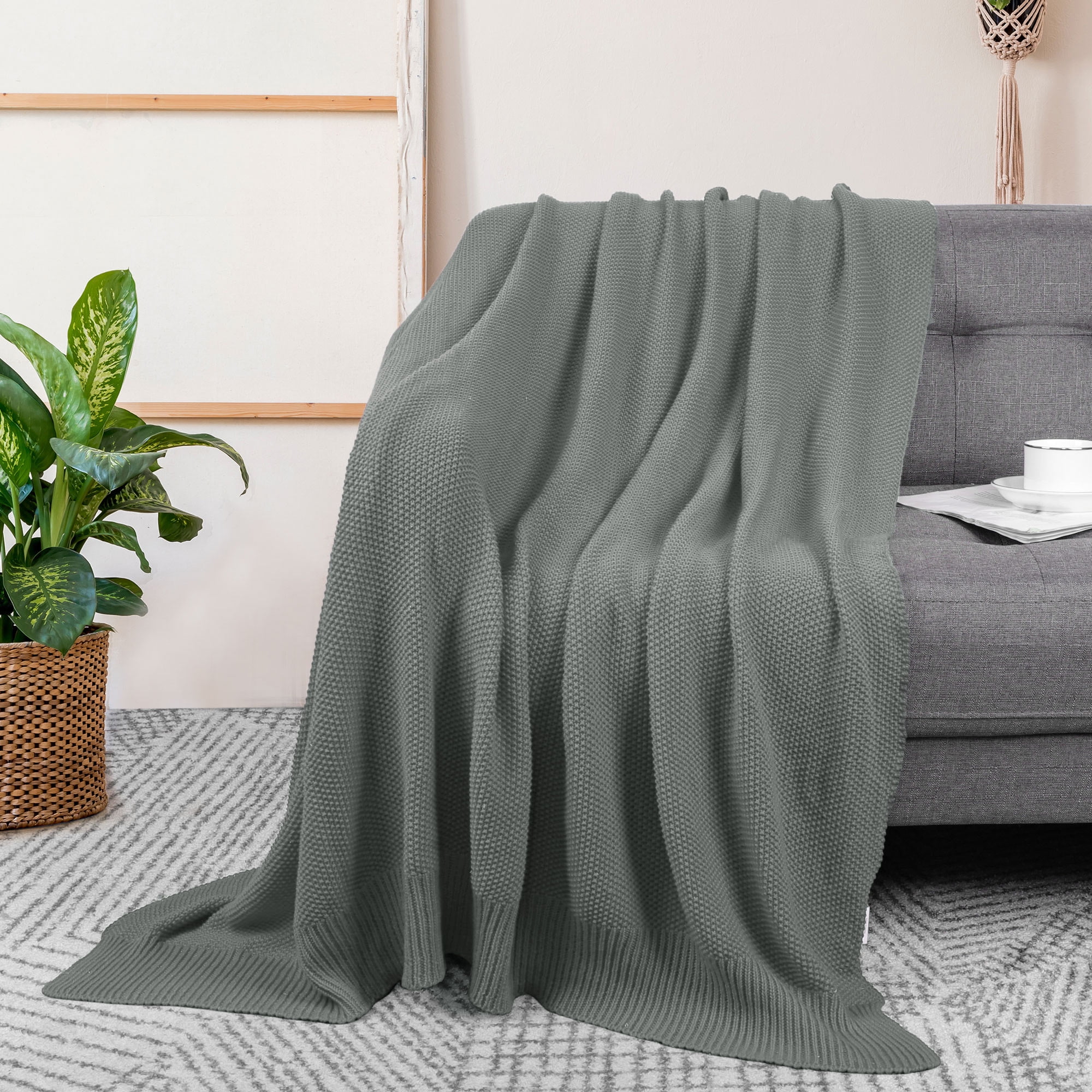 Unique Bargains Pure Cotton Soft Cable Knit Throw Blanket Gray 51" x 59"