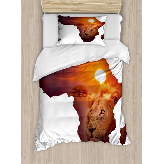 Africa Duvet Cover Set Twin Size, African Map Design with Lion and Savannah Sunset Nature Simplistic Life, Decorative 2 Piece Bedding Set with 1 Pillow Sham, Purple Grey and Orange, by Ambesonne