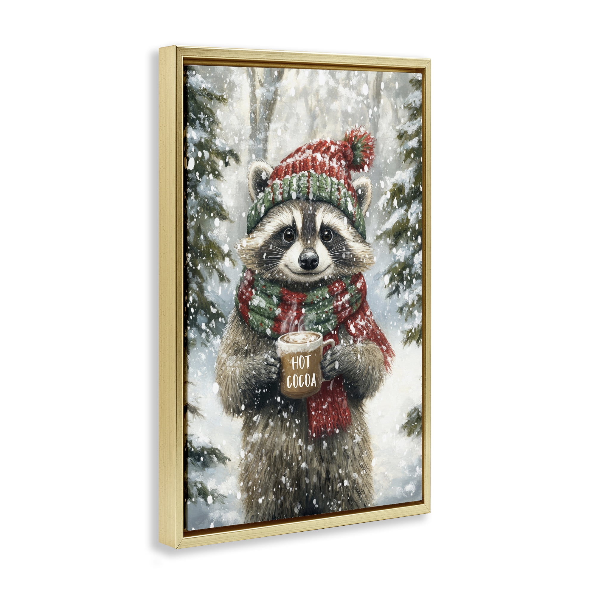 Stupell Industries Merry Cocoa Raccoon Gold Framed Floater Canvas Wall Art, design by Tina LeCour