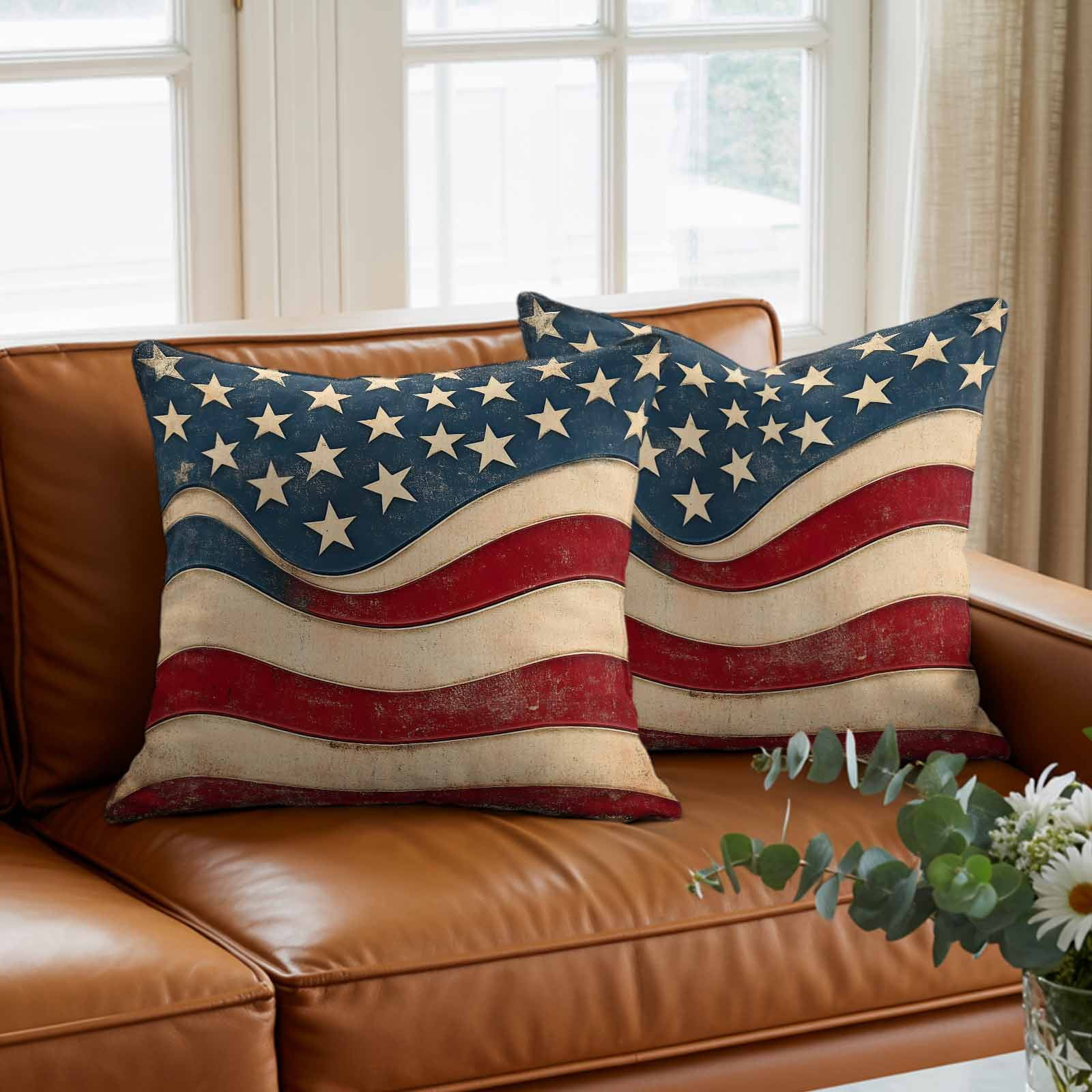 Pillow Covers 26x26 Inch, Vintage American Flag Linen Pillowcase with Invisible Zipper, Blue Red White Star US Flag Decorative Throw Pillow Covers Cushion Case for Couch Sofa Bed Living Room