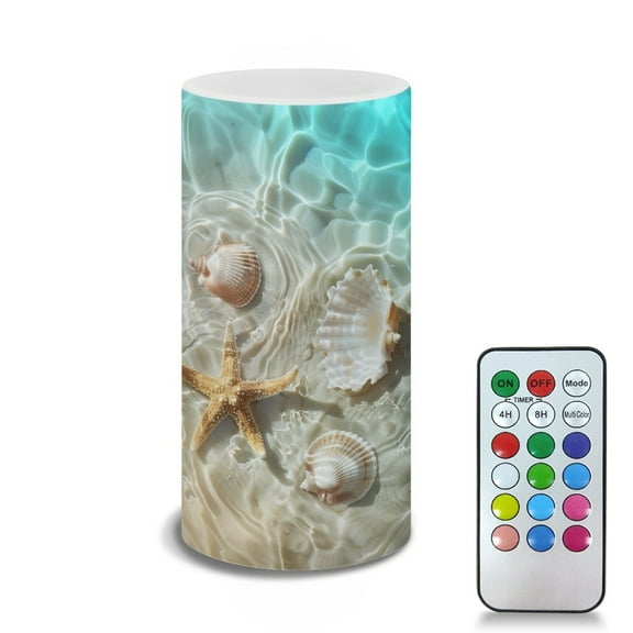 COEQINE Beach Starfish Seashell Flameless Candle Battery Powered with Remote Control 12 Colors 4/8 Hours Timer LED Night Lights Pillar Candle Tealights Beach Themed Home Decor