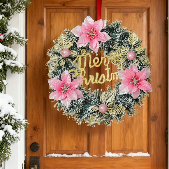 Herunwer Christmas Wreath with Flocked Pine, Red Poinsettias, Gold Stars, Natural Pine Cones, Holiday Door Decorations