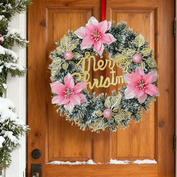 Herunwer Christmas Wreath with Flocked Pine, Red Poinsettias, Gold Stars, Natural Pine Cones, Holiday Door Decorations