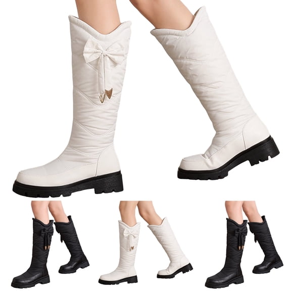 Pandaie Women's Snow Boots Waterproof Winter Knee High Tall Boot Pull on Fleece Lined Wide Calf Outdoor Shoes with Side Bow Black 6.5