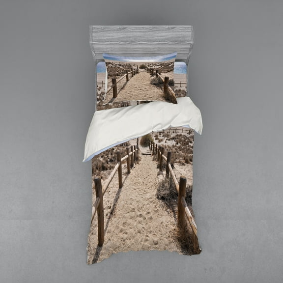 Ambesonne Beach Bedding Set 3 Pcs, Coastal Holiday Ocean, Twin XL, Beige and Blue