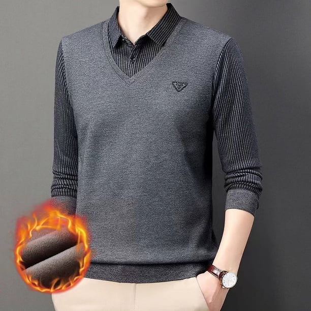 Suéter de papá de mediana edad con cuello de camisa de manga larga y falso otoño e invierno para hombre