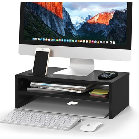 Monitor Stand Riser, 2 Tiers Wood Monitor Riser Stand with Storage Organizer, Desktop Ergonomic Monitor Stand Riser with Cellphone Holder and Cable Management, 16.5 Inch Desk Shelf, Black
