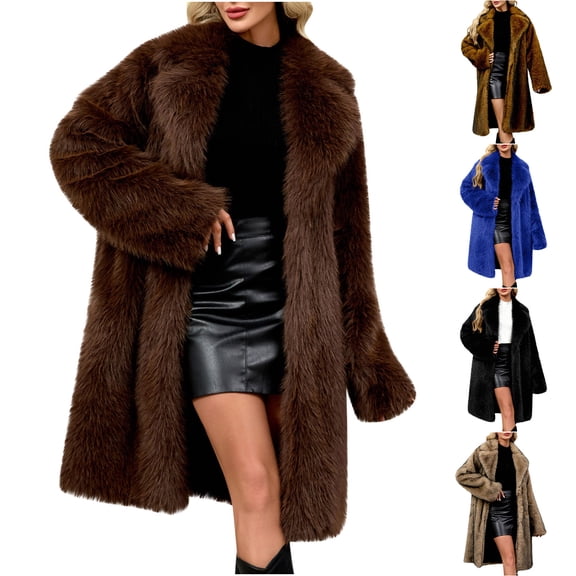 Plcasen Womens Faux Fur Coat Long Warm Fluffy Fur Jacket | Lapel Collar,Long Sleeve, Winter Furry Coat, Fuzzy Shaggy Jacket