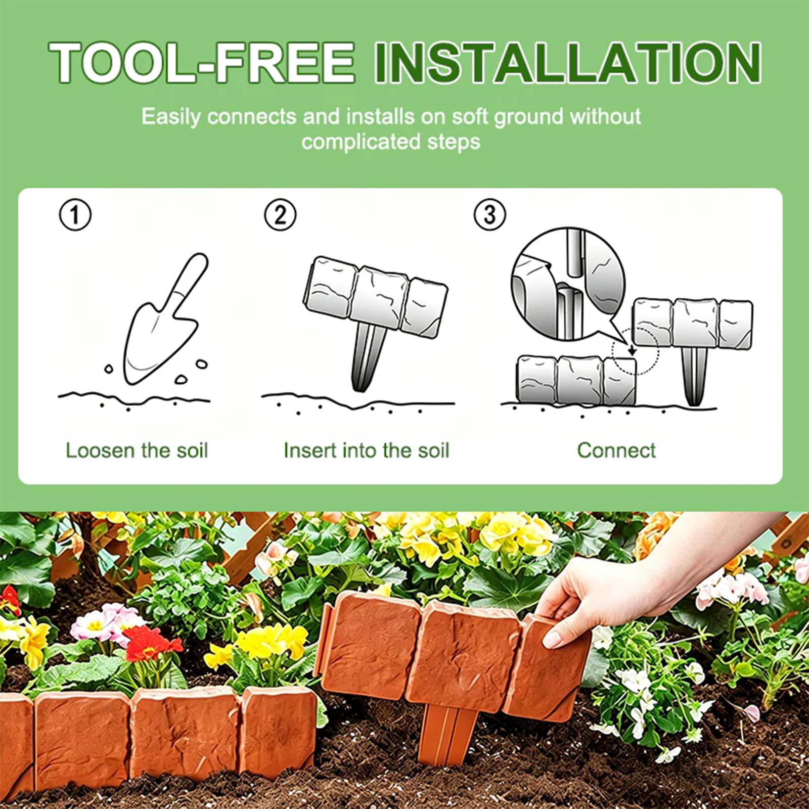 Plastic Garden Retaining Fence, Stone-Look Landscape Edging, Interlocking Border with Stakes, Tool-Free Flower Bed Fence for Yard & Pathways