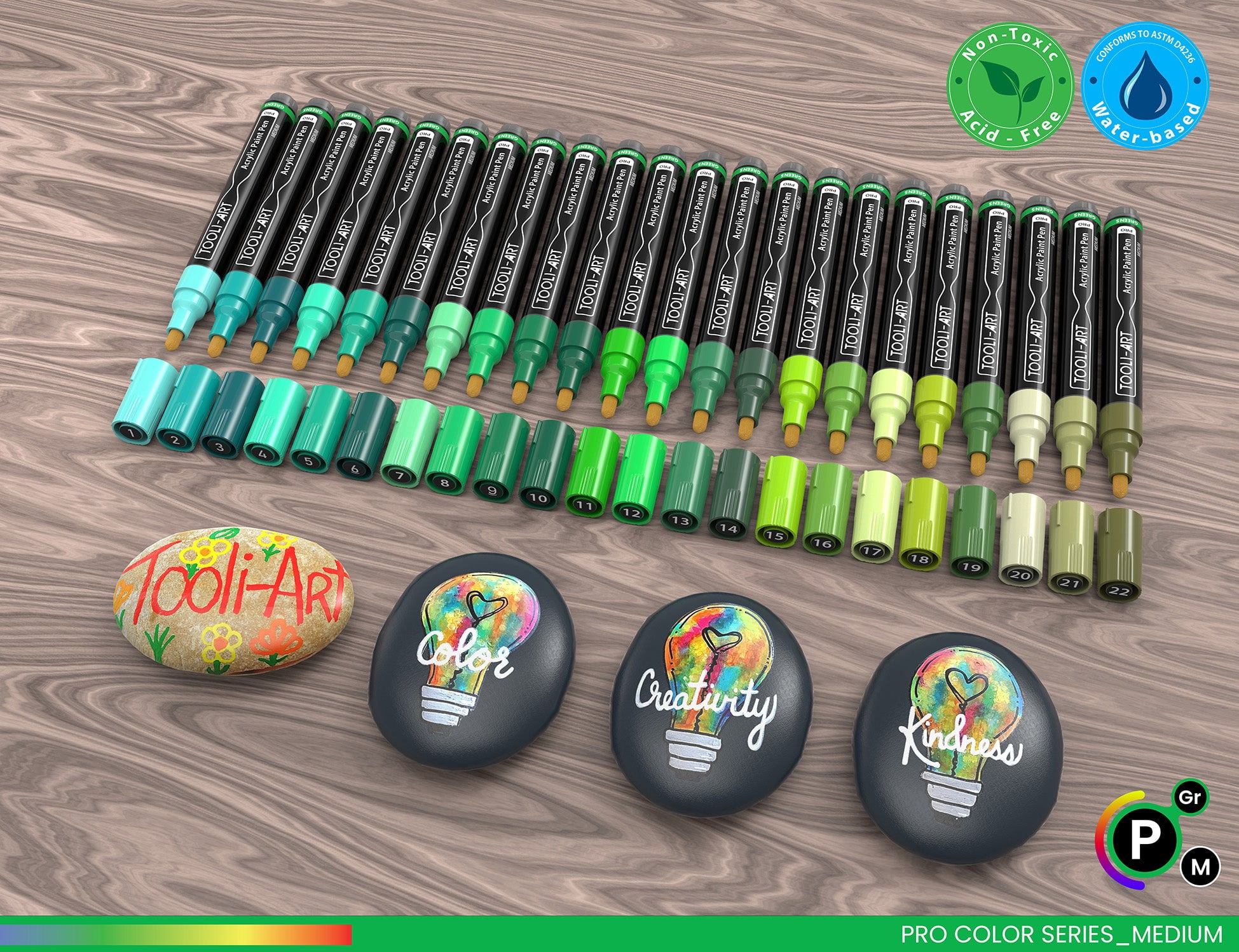 22 Acrylic Paint Pens (GREENS) Pro Color Series Set 3mm Medium