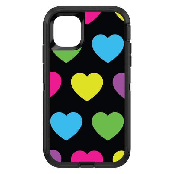 DistinctInk Custom SKIN / DECAL compatible with OtterBox Defender for iPhone 11 Pro MAX (6.5" Screen) - Black Multi Color Hearts