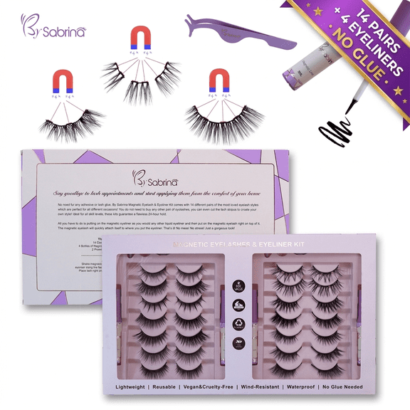 14 Pairs Magnetic Eyelashes Kit with 4 Bottles Eyeliner, No Glue Reusable Lashes
