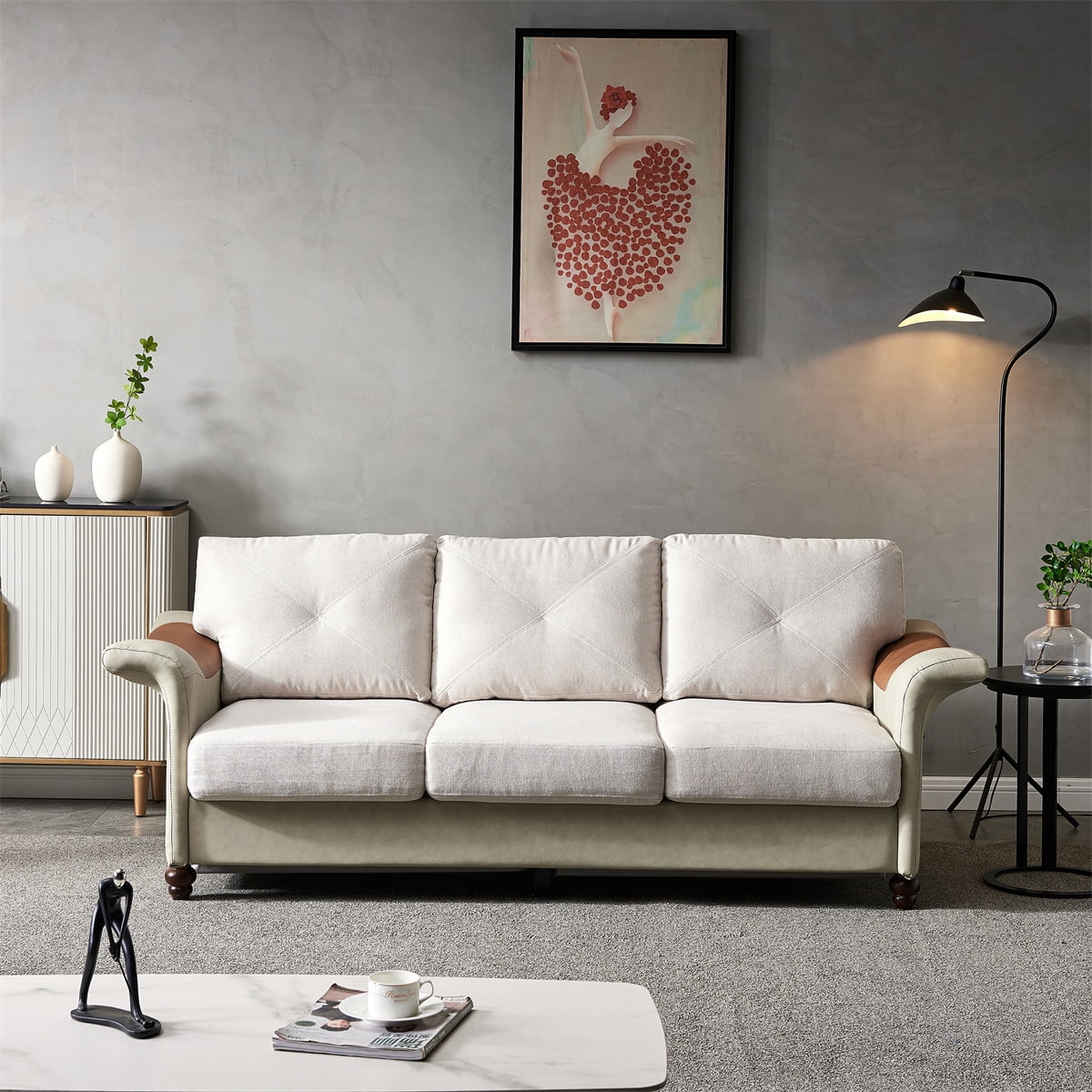 3 Seater Sofa, Upholstered Couch with Plus Saddle Shape Arm and Side