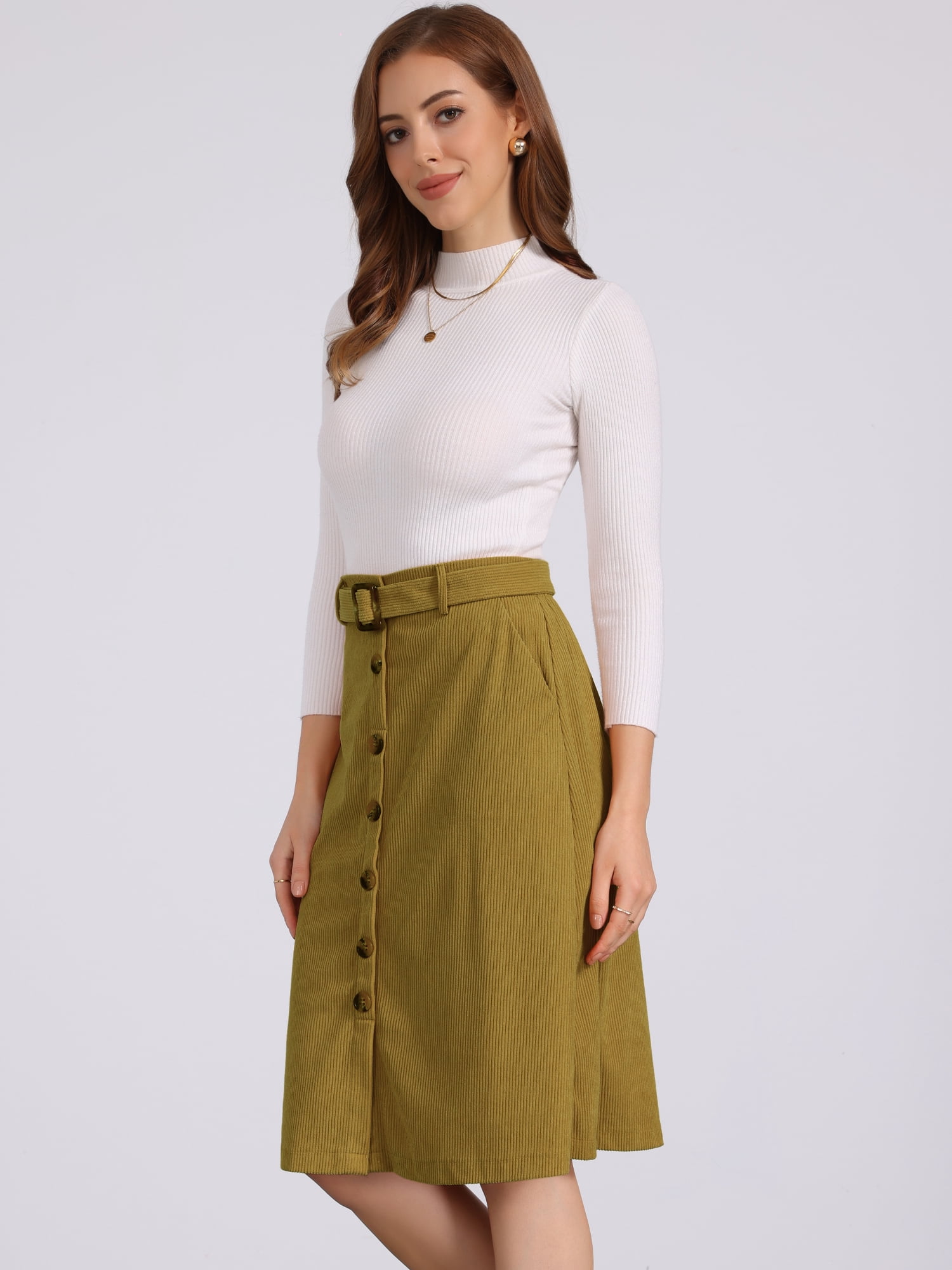 DARING DIVA Women's High Waist Button Front A-Line Belted Corduroy Skirt S Olive Yellow