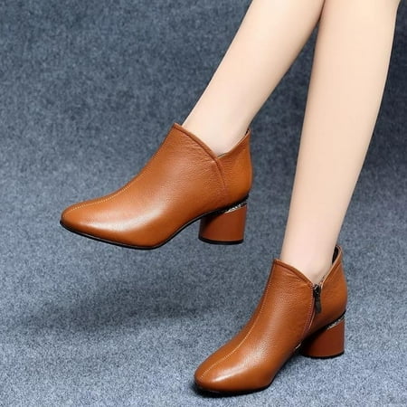 

Fashion Women Solid Color Autumn Square Heels Zipper Short Booties Round Toe Shoes