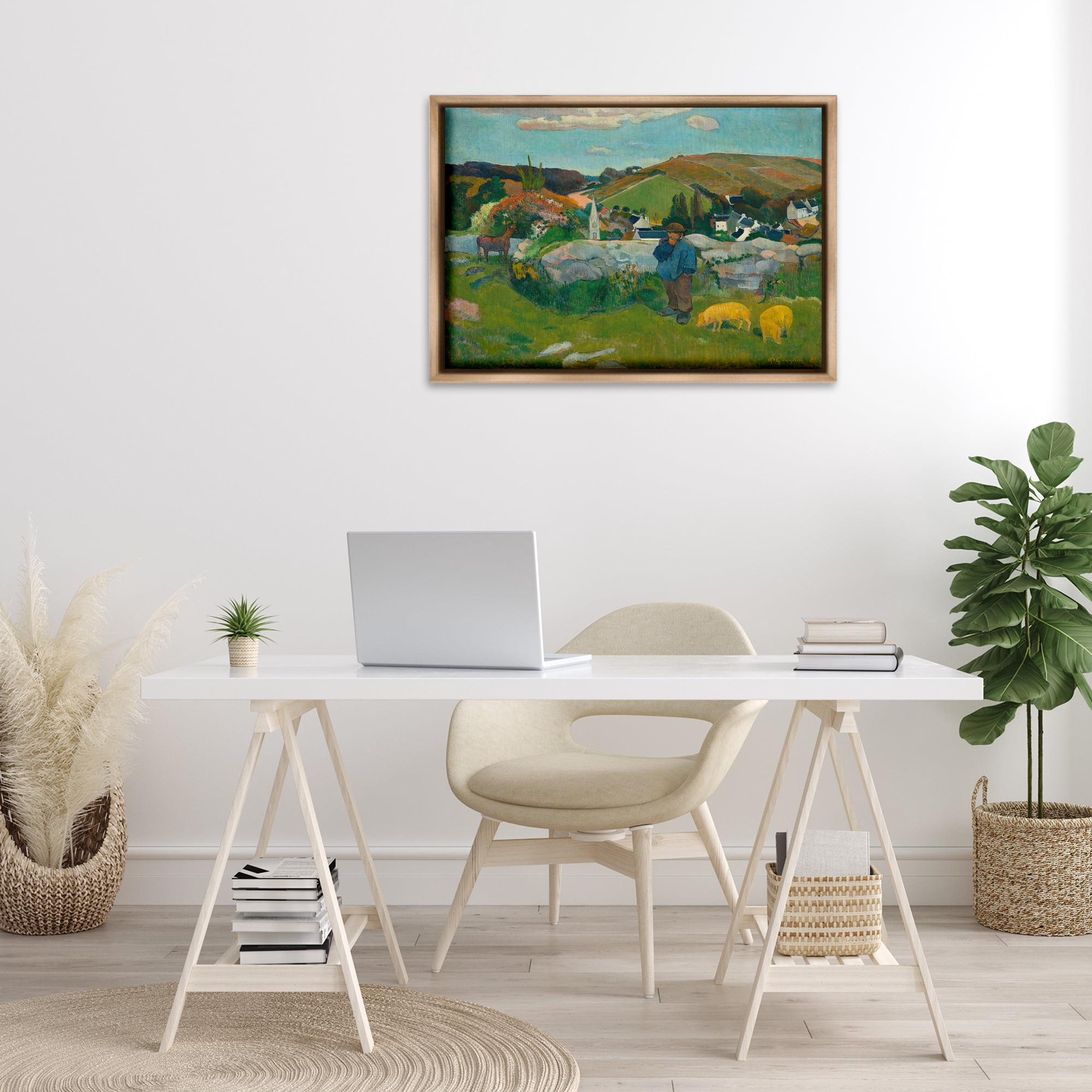 Stupell Industries Classic Gauguin Swineherd Landscape & Nature Painting Brown Floater Framed Canvas Art Print Wall Art, 31 x 21
