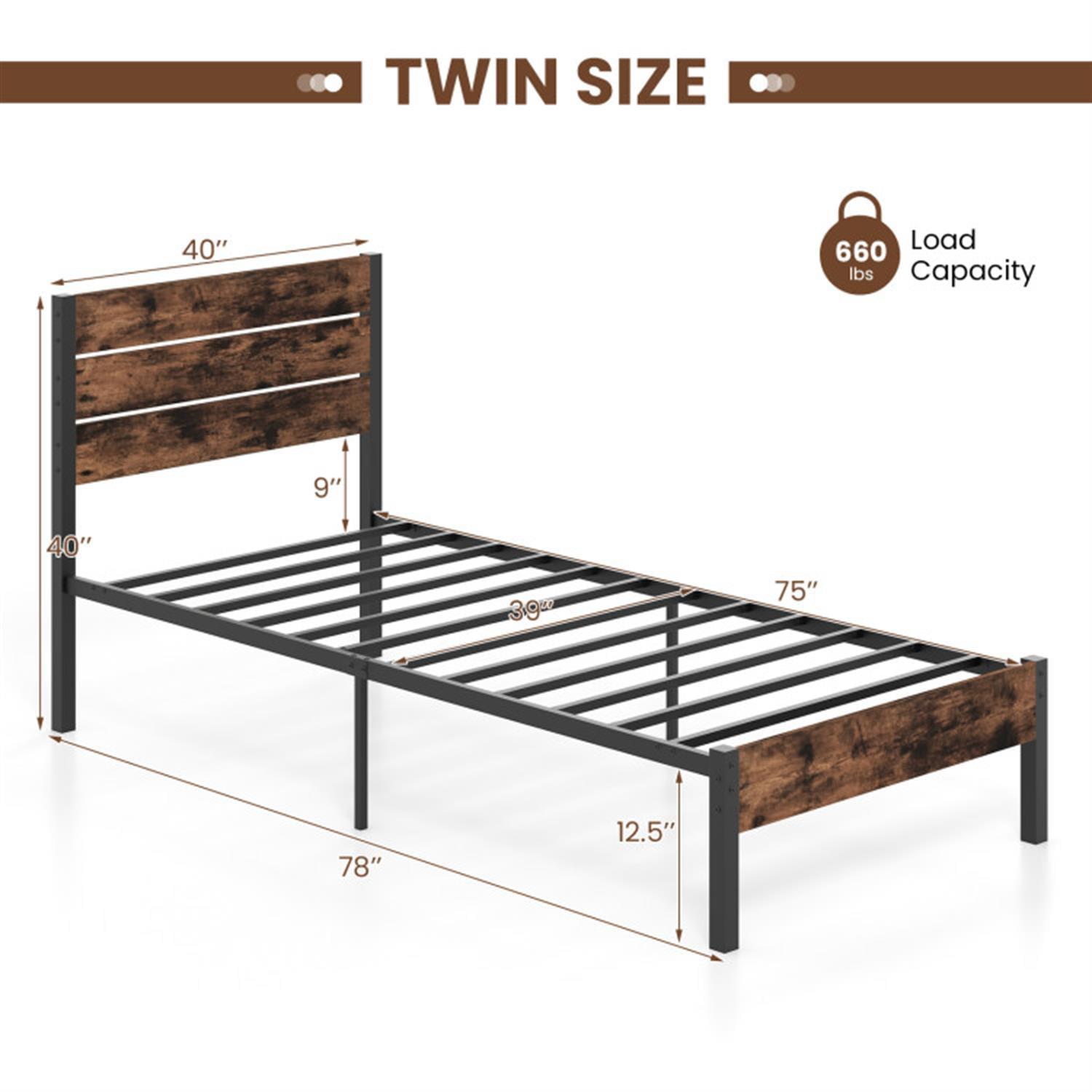 Demi Bonn Twin Size Bed Frame with High Headboard and Mute Bar, Industrial Metal Platform Bed Frame with Under Bed Storage, No Box Spring Needed, Brown