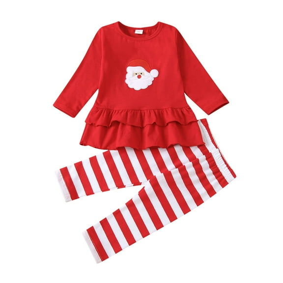Mercatoo Toddler Baby Girl Christmas Clothes Winter Outfits Long Sleeve Ruffle Tops Striped Pants Kids Girls Outfit Sets