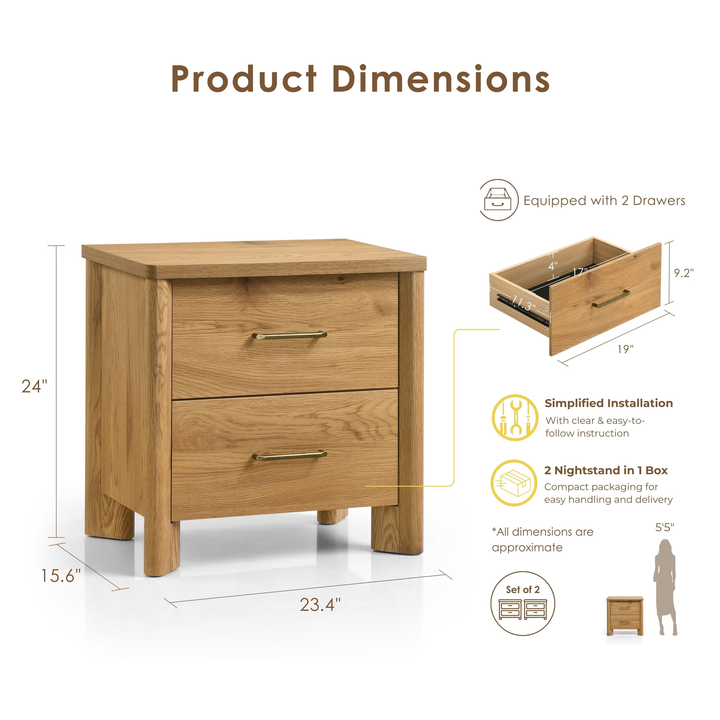 Furniture of America Gracie Modern Wood 2-Drawer Kids Nightstands with USB Ports, Set of 2, Oak