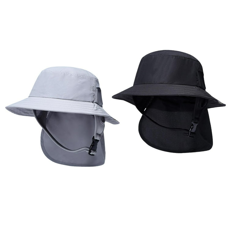 2Pieces Lightweight Surf Bucket Hat with Chin Straps Neck Flap Cover Wide  Brim Hat for Surfing, Water Sports, Outdoor, Tourism, Fishing Gray and Black