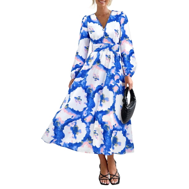 Vestido PRETTYGARDEN Floral Midi con Escote en V y Manga Larga Azul Blanco Talla L