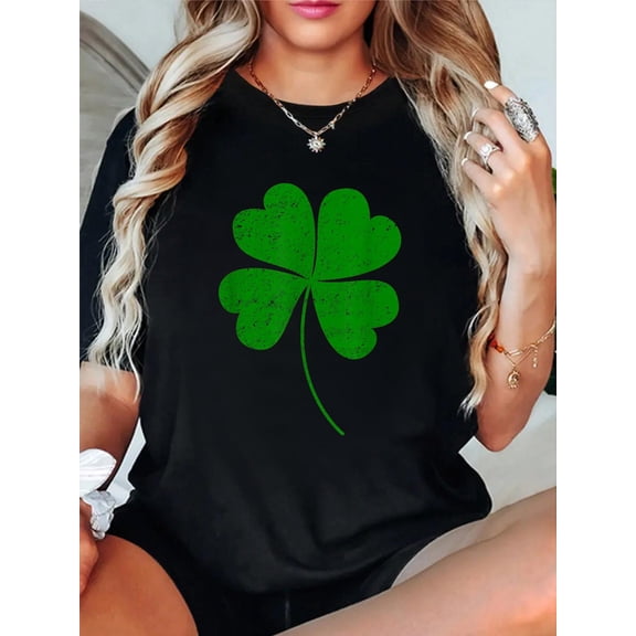 100% Cotton 4 leaf clover T-Shirt Print Round Neck Cotton T-Shirt, Summer Women's Tops, gift